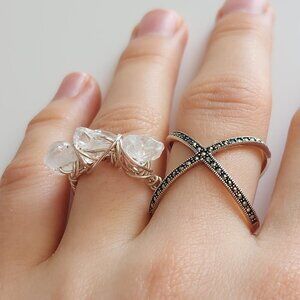 Triple white translucent crystal gemstones on silver wire ring
